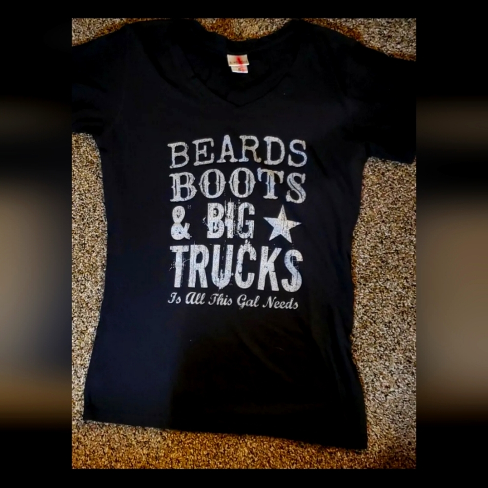 Small black Tee Shirt Beards boots bug trucks is all this gal needs